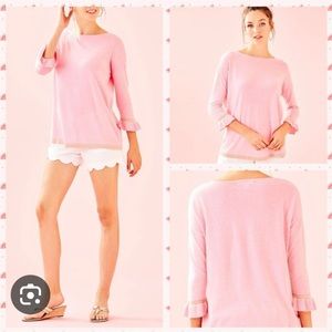 Lilly Pulitzer Charla pink top with gold trimming. Size XS. 3/4 sleeves.